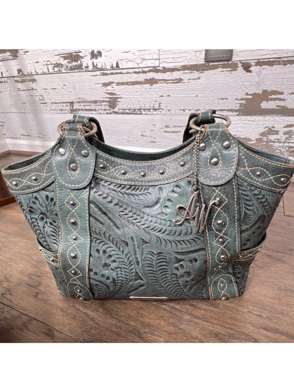 AMERICAN WEST Double Handle Tooled Leather Floral Design Bag Sage EUC - Picture 2 of 11